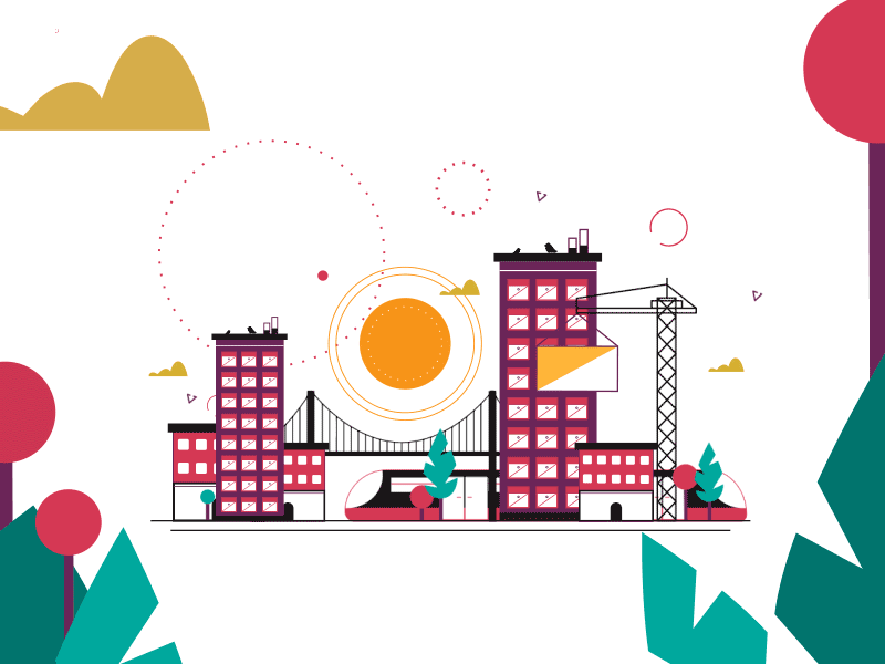 Busy City animated gif animation animation 2d apartments bridge buildings bush city city branding flat flat design flat icon iconography illustration illustrator loop sun train trees vector