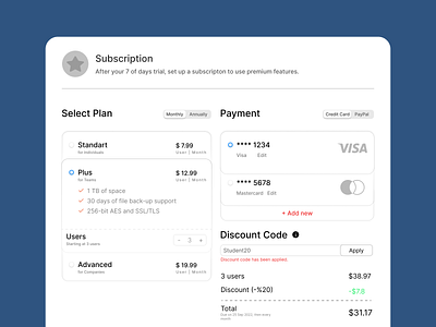 Subscription and payment page UI design w/ Figma by Tolga Oguz on Dribbble