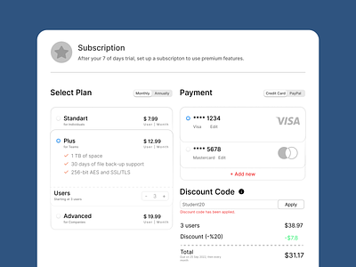 Subscription and payment page UI design w/ Figma