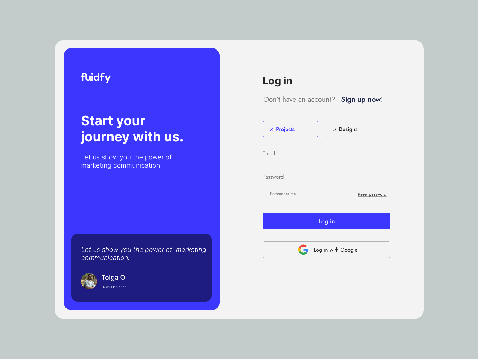 Fluidfy marketing agency log in screen by Tolga Oguz on Dribbble