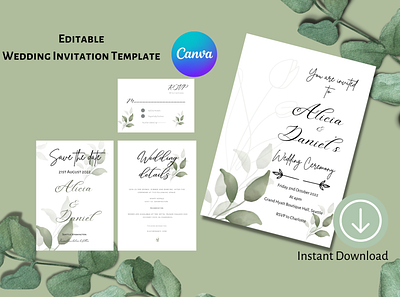 Minimal Wedding Invitation Template canva green invitation invitation bundle leaves minimal rsvp save the date template wedding weddingdetails