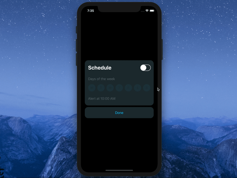 Schedule Screen (Xcode) alert dark reminder schedule time ui xcode