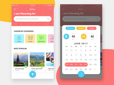 Travel App Home screen and Filter Screen in Working travel app travel ui travel ux