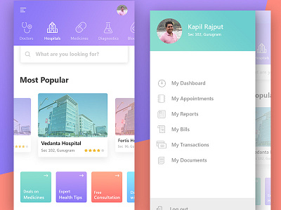 Healthcare App Home and Menu health care icon design ux design visual design