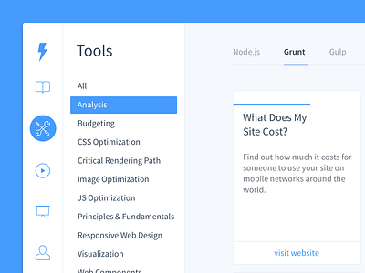Perf Rocks v2 – early exploration blue icons menu performance resources sketch tools ui ux website