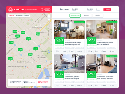 Holiday apartment comparison site - Results listing page apartment card component dates listing logo map module octopus results ui website