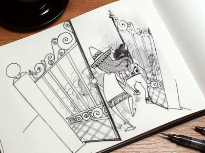 Party Gate backside boy crowd designer gate entrance girl illustration party sketching