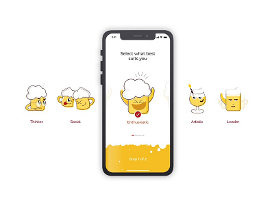 Beer alcohol artistic beer beer froth beer information beer type characters climate enthusiastic illustration iphone 10 leader mobile app personality thinker ui