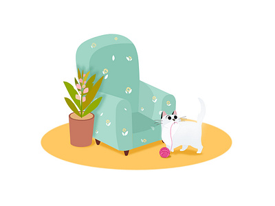 Playfull alert carpet cat chair dribbble graphic illustration moment plant playfull playfull cat wollen