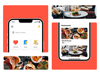 Restaurants App app branding design favorites favourites food history ios iphone iphone 13 like location meal notifications price restaurant save site ui ux