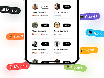 Add Friends to your Circle add app circles design friend request friends games group hobbies interest ios iphone iphone 13 movies music sports tech ui ux