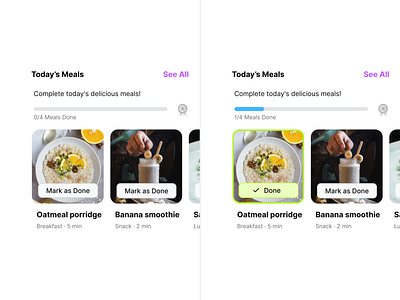 Today's meals progress app branding color design done eating habits healthy iphone mark as done meals progress site today track tracking ui ux web