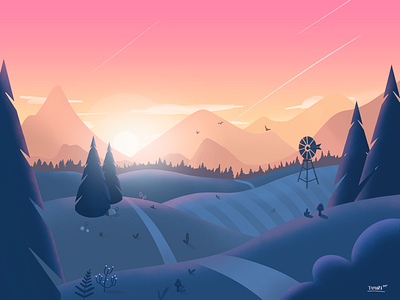 Flat Design Illustration « A Quiet Day in the Mountains » art environment flat design illustration landscape mountains sunrise trendy