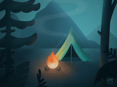 Illustration - Wishing Upon the Stars art camping concept art environment firecamp flat design illustration landscape