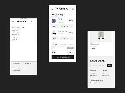 DROP DEAD || E-commerce Redesign || Mobile Tech screens branding cart clothe design digital e commerce e shop footer illustration log in logo menu mobile ui ux web