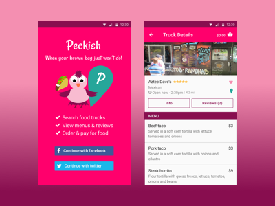 Food truck app screens - First shot android app food truck material design native app