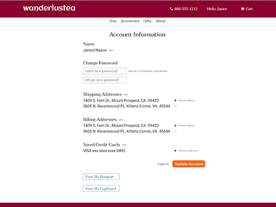 Profile page for ecommerce store ecommerce checkout tea uid wanderlustea