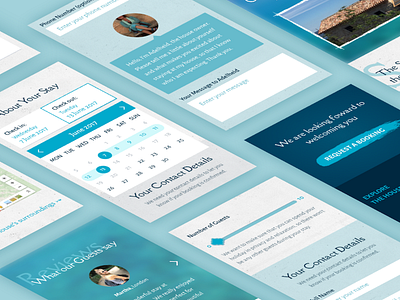 Screens for a holiday home website calendar date picker holiday mobile reviews slider ui web webdesign