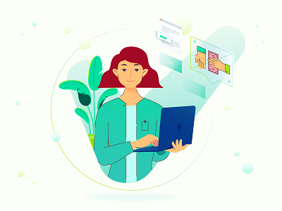 Office girl character characterdesign colorful computer design girl green illustration office plant vector woman yellow