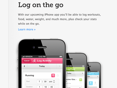 Log On The Go fitbit iphone app landing page product page white