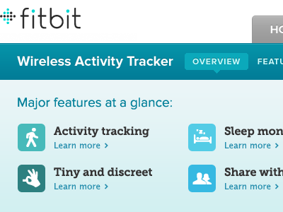 Features At A Glance fitbit icons landing page navigation product page ui white