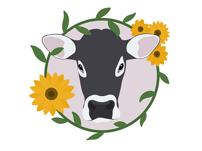 Cow illustration in a frame of leaves and sunflowers animals cute design digital art drawing floral flowers frame illustration leaves plants procreate procreateapp sunflowers