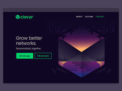 Clovyr.io home page hero blockchain branding crypto cube design fintech illustration lake scene mountain scene ui vector web website