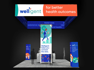 Welligent large trade show booth behavioral health branding design expo healthtech illustration logo messaging trade show typography