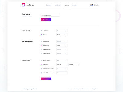 Settings - Zendsignal app daily 100 daily 100 challenge design experince design minimal trading ui ui design user experience user interface ux ux ui ux design vector web web design webdesign website website design