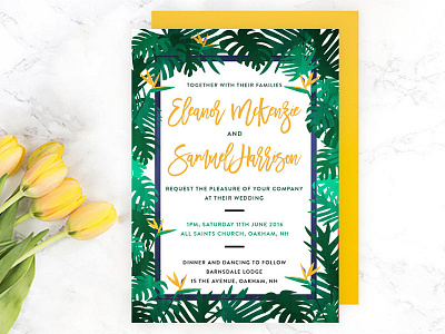 Tropical Wedding Invite bird of paradise green invitation invite leaf leaves psd summer template tropical wedding yellow