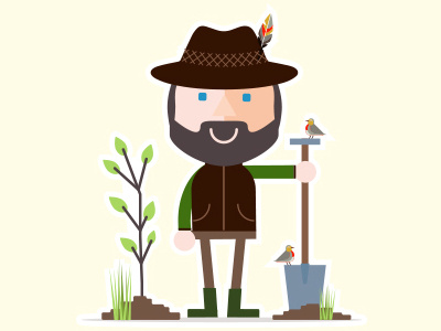 Forester 2d bird flat forest hat man nature plant plume tree