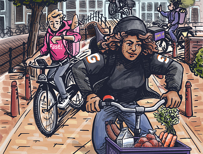 A-Mag: Editorial Illustration, Bike Messengers amsterdam bike bike messengers city drawing delivery service digital illustration editorial illustration flitsbezorgers lifestyle illustration magazine social commentary speed