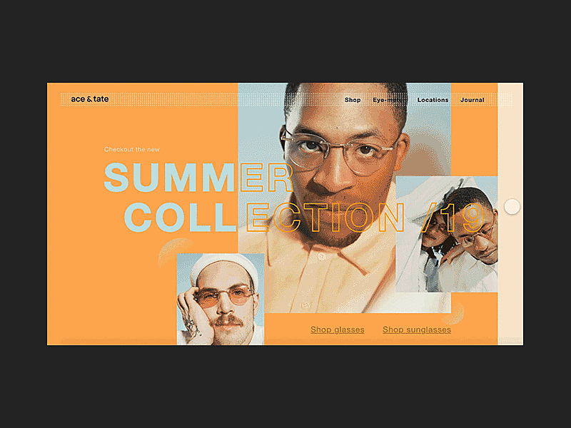 Ace & Tate redesign aceandtate animation collection glasses landingspage minimal nudecolor pastel photography softcolor summer transition trending ui ux webdesign webshop