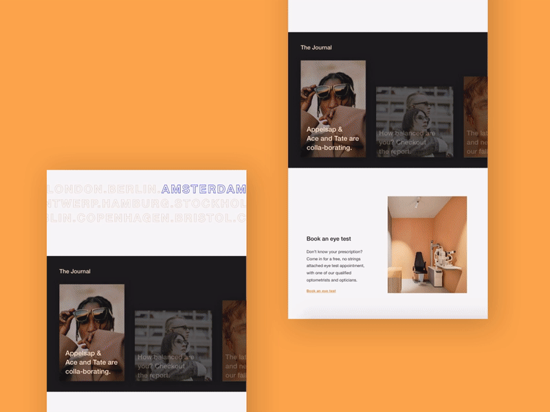 Homepage Ace&Tate abstract animation colors dutchdesign fashion glasses homepage interface interface design landingspage minimal model orange parallax effect photography sotf trends ui ux web