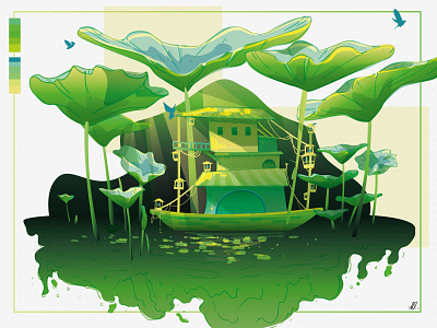 Home in the lake conceptart design enviroment green houseboat illustration nature quietplace vector waterlily