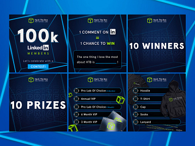 HTB - Social Media 2020 - Linkedin Contest 100k box contest cyber cybersecurity daily ui design flat design graphic design hack the box hacking htb linkedin merch post social media swag visual design win