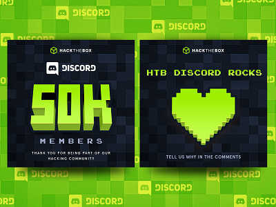 HTB - Social Media 2020 - 50k Discord 3d 50k celebration challenge contest cyber cybersecurity daily ui design discord game graphic design hack the box hacking neon green noen pixelated social media thank you visual design
