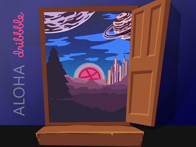 Hello Dribbble design door fantasy world first shot galaxy hello illustration invite planet space