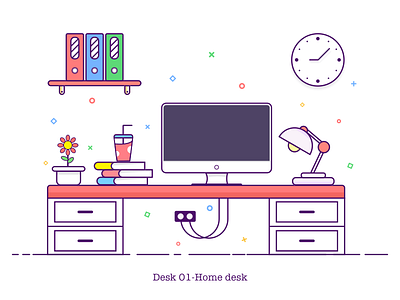 Desk 01 Home Desk book clock computer cup desk illustration light mac sketch