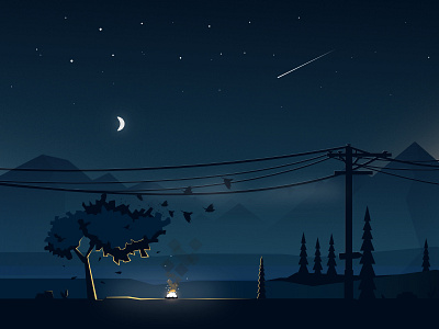 The graphic valley night illustration bird camp fire fire illustration moon mountains nature night