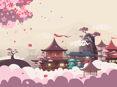 A Blossom Valley in Japan blossom cherry blossoms japan japan illustration mountains sakura