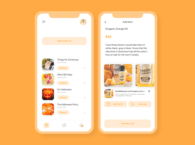 Wisy Wish/Gift List App app design app ui gift app mobile app design mobile app ui orange app ui wishlist app yellow app ui
