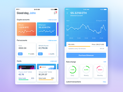 Crypto wallet app bitcoin cards clean crypto cryptocurrency dashboard design ethereum mobile ui white