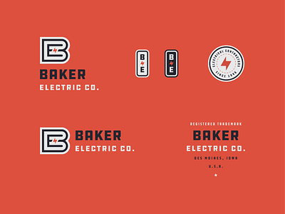 Baker Electric Branding b badge bolt branding e electricity identity lightning line lines logo mark