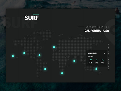 Surf Website Map Interface Design clean dribbble glow glow in the dark homepage map minimal modern ocean sketch surf ui uidesign ux ux design water web web design website websites