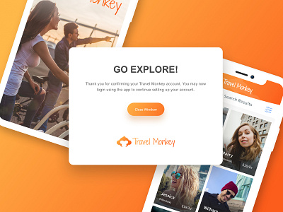 Confirmation Page for Travel Monkey blackflagcreative confirmation design landing page orange sketch social app travel ui ux web design website white