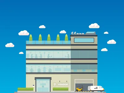 Vendor Warehouse blue sky buildings delivery forklift illustration van vector vendor warehouse yosh