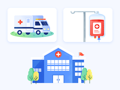 Medical Illustration2 ambulance blue flat gradient hospital illustration infusion tube tree