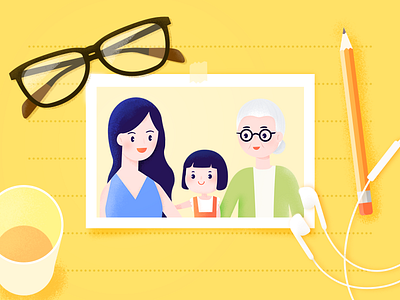 Family family glasses illustration overlook polaroid writing paper yellow