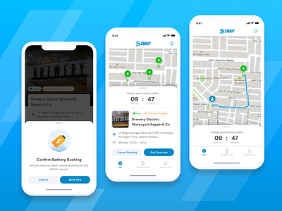 Swap: Battery Booking app battery booking cards design directions icon illustration map mobile navigation transportation ui userflow ux